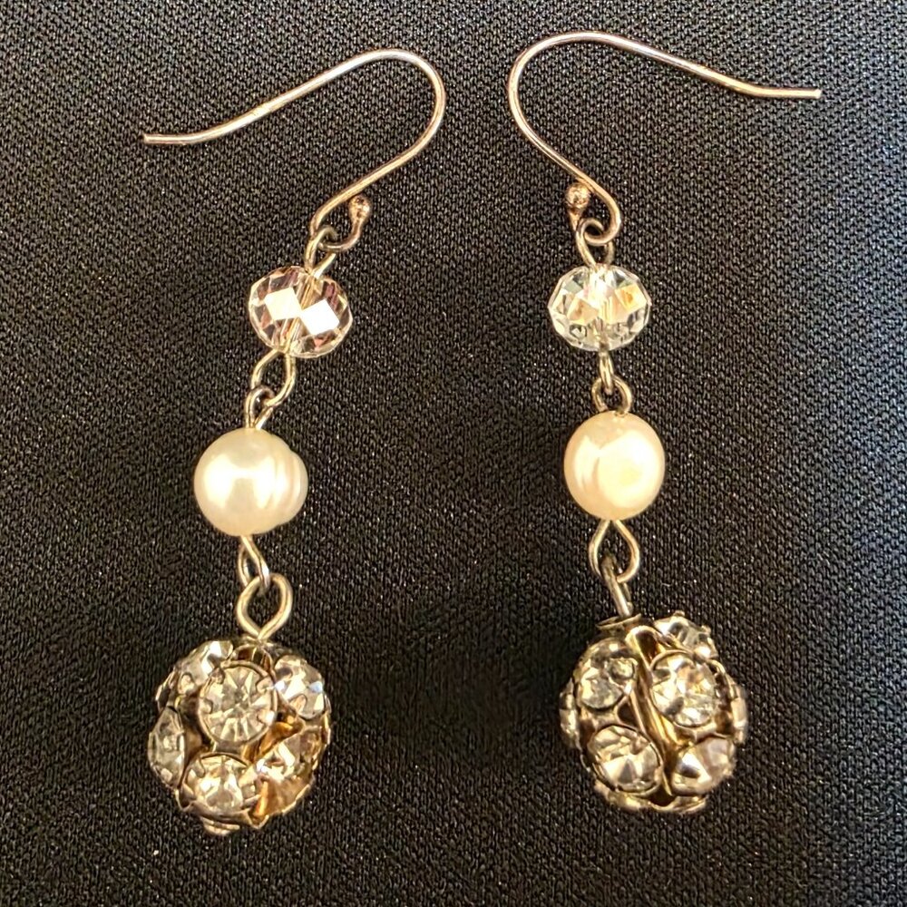 vintage fresh water Pearl Earring Swarovski Crystal Sterling Silver disco ball